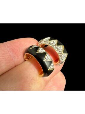 Vintage Signed Daniel Swarovski Hoop Earrings Clear Crystal  Black Enamel